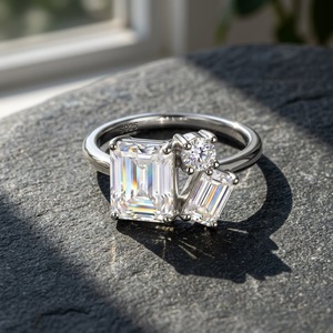 S925 Sterling <b>Silver</b> Moissanite Three Stone <b>Ring</b> <b>Emerald</b> Cut Moissanite Engagement Finger <b>Ring</b> For Women Fine Jewelry Gift - Product Image 2