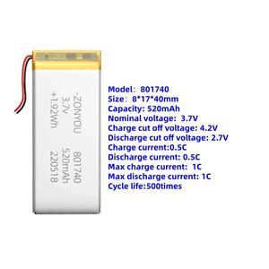 ZonYou Direktvertrieb 801740 Li-PO Akku 520mAh Wiederaufladbare Pouch-Zelle 3,7V 500 Zyklen - Product Image 3