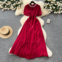 Robes midi élégantes d'été pour femmes, manches bouffantes, bordure en perles, taille froncée, robe longue fluide