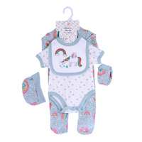 Ensemble de 5 pièces de vêtements pour nouveau-né, comprenant barboteuse, combinaison, body et bavoir, en coton, pour boutiques de vêtements pour enfants, en gros, en stock