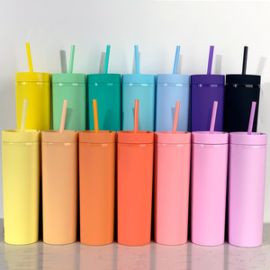 Vasos Watersy <span class=keywords><strong>2023</strong></span>, nuevos, delgados, rectos, de doble pared, de plástico mate, color pastel, acrílico, de 16 oz, con tapas y pajitas. - Product Image 6