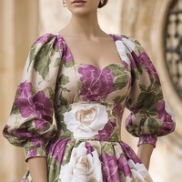 Robe vintage à imprimé rose pour femmes, manches bouffantes, jupe évasée, taille à la française, robe midi ajustée