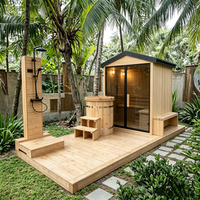 Promotion : Sauna extérieur en bois pour jardin, cabine de sauna domestique en hemlock avec porte vitrée, colonne de douche et baignoire de trempage froid