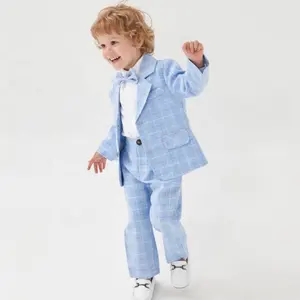 Ensembles de vêtements pour enfants, Design tendance, costume formel en coton riche personnalisé pour garçons, blanc bleu à carreaux, Polo, costume, veste et pantalon