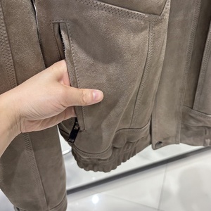Blouson aviateur vintage en daim gris clair, coupe ample rétro, veste en cuir pour <span class=keywords><strong>femme</strong></span> avec plusieurs poches - Product Image 4