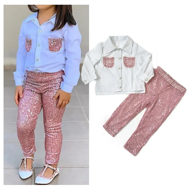 0078 infants clothes sets baby clothing for girl Fashion casual bead sequin Lapel shirt matching pants kids sets clothes girls