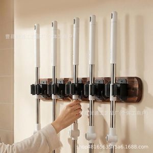 Wall Mounted Wooden Broom Holder Hook <b>Storage</b> Rack Heavy Duty For <b>Laundry</b> Room Home <b>Organization</b> Mop Rack - Product Image 1