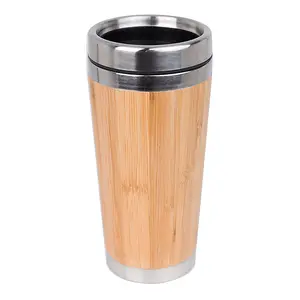 环保咖啡杯双壁不锈钢真空办公杯绝缘不锈钢可重复使用竹杯带滑盖