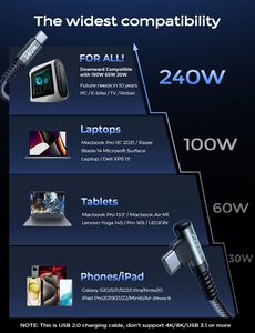 Câble LISEN USB-C vers USB-C 240W avec puce de charge rapide PD 3.1 pour MacBook Pro, ordinateur portable, iPhone 17, <span class=keywords><strong>Samsung</strong></span> S25 – Cordon d'alimentation - Product Image 2