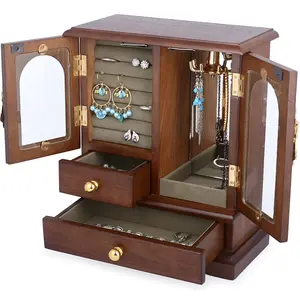 2 side doors Women's wooden jewelry box Wooden jewelry box with mirror for necklaces earrings rings etc