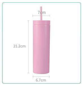 Tache transfrontalière SKINNY Double tasse en plastique personnalisée simple peinture en caoutchouc tasse à eau 16OZ scellé corps droit tasse de paille - Product Image 2