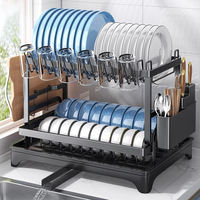 Égouttoir à vaisselle double couche pour cuisine, support de comptoir avec porte-tasses, boîte à couteaux/baguettes, bac à eau pour le rangement des bols/assiettes