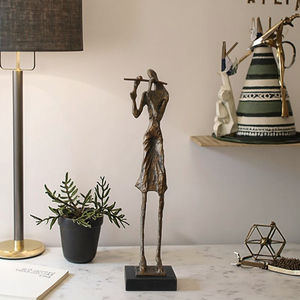 Estatuilla de músico de hierro fundido flautista 3D de bronce antiguo, estatua de escritorio o suelo impresa UV para decoración del hogar - Product Image 5