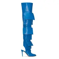 Anmairon कारखाने की आपूर्ति थोक मूल्य ब्लू पु बताया पैर की अंगुली पतली ऊँची एड़ी के जूते Slingback बैग सजाया से अधिक घुटने जांघ उच्च जूते