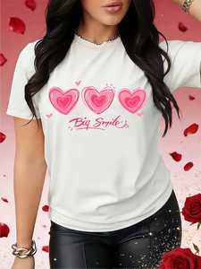 T-shirt Casual da Donna Big Smile con Stampa Cuore e Lettere, Girocollo, Manica Corta, 100% Cotone, Traspirante e Leggera per Primavera/Estate - Product Image 3