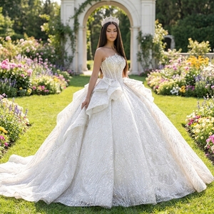 Xs297 Elegant Silver <b>Wedding</b> Dress Crystal Corset Sweetheart Glitter Lace Ball Gown Oversized Ruffle Long Train Bridal Dress Jan - Product Image 1