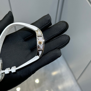 Luxury Ladies Fully Iced Out Diamond Mechanical <strong>Watch</strong> Tonneau Bling Elegant <strong>Women</strong> <strong>Skeleton</strong> Wristwatch White Rubber Strap - Product Image 4