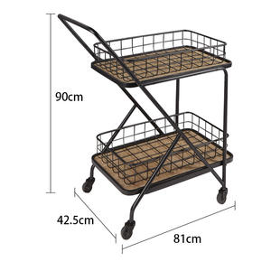 Factory Wood and Metal Dining Serving Cart and 2 Tiers Rack for Kitchen Food <strong>Trolley</strong> Rolling Kitchen Island Cart <strong>on</strong> <strong>Wheels</strong> - Product Image 2