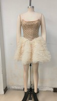 Nouvelle Robe Mini Nude en Maille Sans Bretelles 2026 avec Strass Thermocollés et Jupe en Tulle Superposée