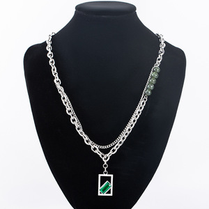 Layered Necklace Geometric Green Crystal Pendant <b>Titanium</b> Steel Multi Layer Fashion Jewelry - Product Image 2
