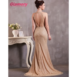Emas Halterneck Mermaid <span class=keywords><strong>Prom</strong></span> Grosir Gaun Malam Payet Tulle Gaun Malam - Product Image 2
