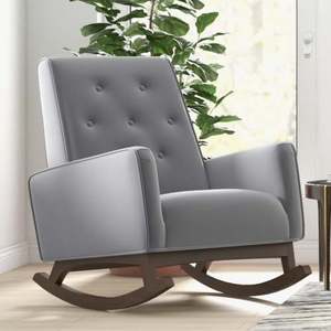 Fauteuil à bascule moderne en bois massif écologique, tissu gris clair Demetrius de qualité supérieure, pour salon, chambre d'enfant ou lecture - Product Image 1