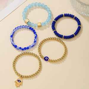 Fashion Beaded <b>Bracelet</b> Set Blue Gradient Glass <b>Beads</b> With Evil Eye Charm For Women And <b>Men</b> Summer 2025 Stackable Jewelry - Product Image 2