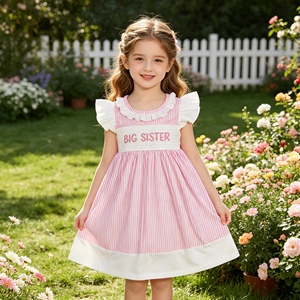 GSD3153 RTS Baby Girl Summer pink stripe big sister smock Print flying Sleeve Knee-Length Breathable Dress Wholesale - Product Image 1