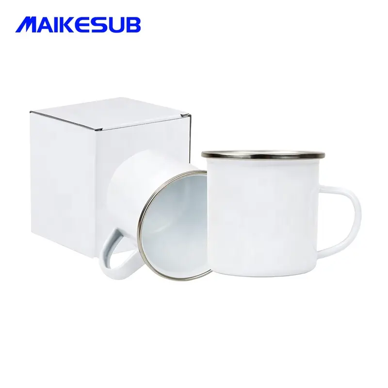 Nhà Máy Bán Sỉ Cốc Tráng Men Thăng Hoa Màu Trắng 12 OZ Cốc Cà Phê Du Lịch Ngoài Trời Cắm Trại Bằng Kim Loại Có Viền Bạc