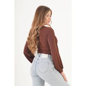 Blusa Marrón de Mujer al por Mayor con Escote en V Drapeado y Bordado, Talla XL, Estilo Vintage para Oficina, Primavera, de Seda, Tejido de Punto y Pana - Product Image 2