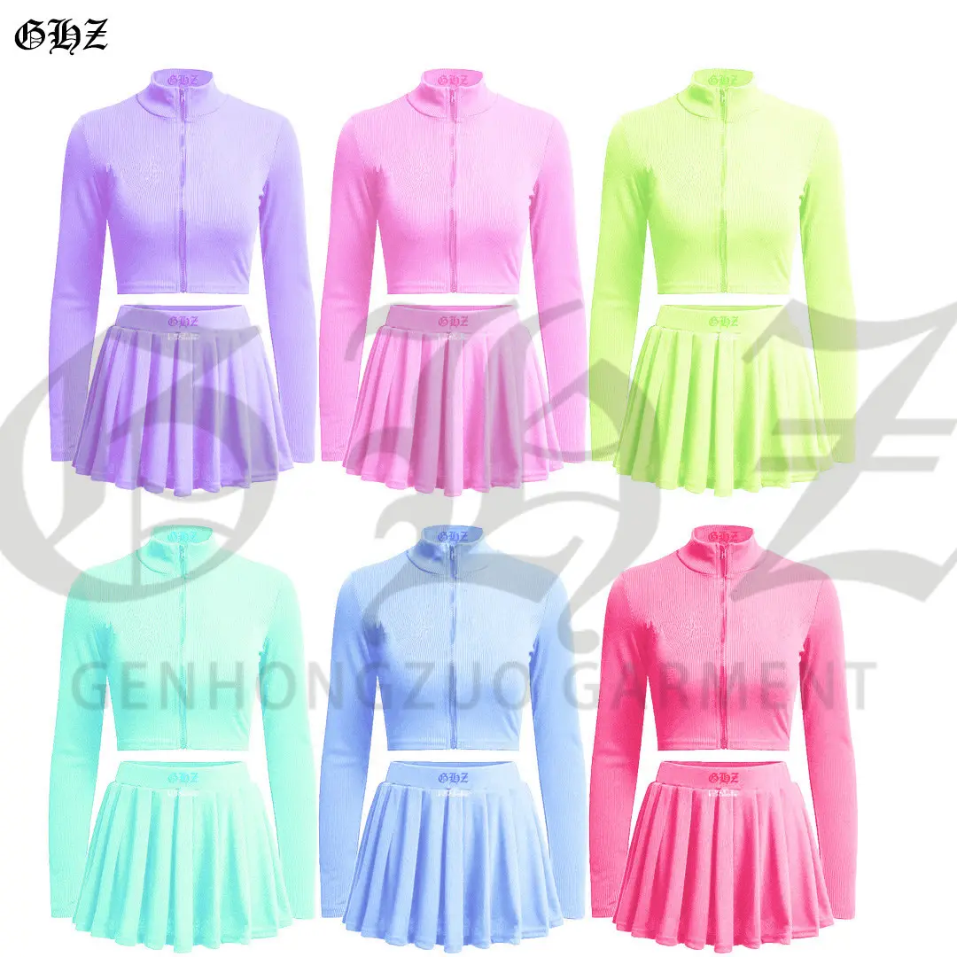 Custom Hot Girls Short Pleated Skirt for Women Zipped Sexy Mini Skirt Set Streetwear 2 Piece Cotton Ribbed Crop Top Skirts Set