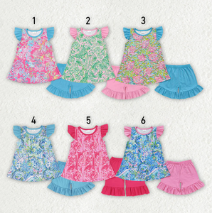 Ensemble de vêtements pour filles en gros, motif floral tropical flamant rose, manches volantées, tenue 2 pièces - Product Image 1