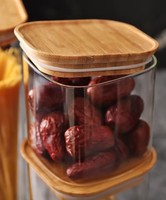 Pot de conservation alimentaire carré en verre borosilicate soufflé à la main sans BPA 800 ml, micro-ondable, empilable avec couvercles en bambou