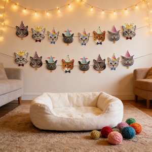 608411 Ghirlanda di Compleanno con Gattini Carini, Striscione con Teste di Gattini Adorabili per Feste a Tema Gatto, Vendita all'Ingrosso - Product Image 1