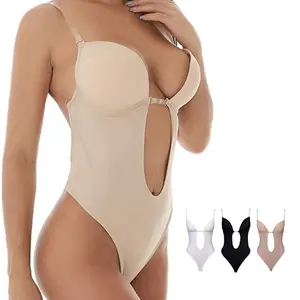 Bodysuit tanpa punggung leher V dalam tidak terlihat Bra empuk Plunge U dan celana dalam Thong ukuran Plus pakaian dalam Lingerie seksi wanita untuk pesta