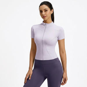Women Full Zip Stand Collar Yoga Crop <b>Jackets</b> Slim Fit Stretchy Short Sleeve Athletic Top Running Gym <b>Workout</b> Active Wear - Product Image 2
