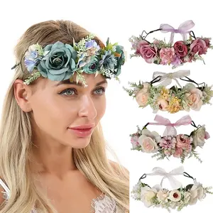 Tiara de cabeça floral, tiara boho com flor coroa floral com fita para festa de casamento, baile