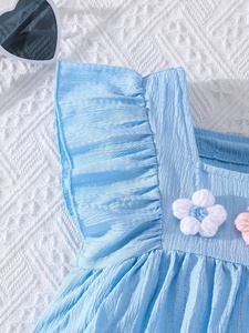 Nuovo Completo Estivo in Cotone per Bambine, Set Due Pezzi <span class=keywords><strong>Blu</strong></span> con Maniche a Sbuffo, Top e Pantaloncini Tinta Unita Casual per Bambini - Product Image 3