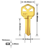 Clés vierges KW1 finition laiton, clés vierges non taillées KW1 pour maison et porte, vente en gros de clés vierges KW1