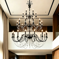 Lustre en fer noir de style vintage américain, luminaire suspendu à LED de style campagnard français, pour salon, hall d'hôtel
