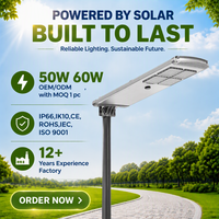 Lampe solaire LED de rue monocristalline intégrée 50W, tout-en-un, étanche IP65, lampe extérieure, batterie LiFePO4, détecteur de mouvement PIR