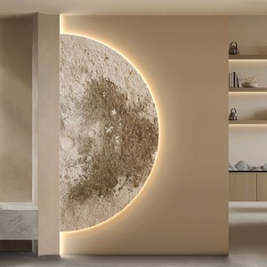 Peinture décorative sur le thème de la lune pour entrée, cadre circulaire beige avec rétroéclairage, texture réaliste en grès 3D pour couloirs et entrées - Product Image 1