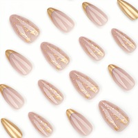24 faux ongles à presser, courts, forme amande, nude doré, French manucure, avec feuille d'or nacrée, réutilisables pour usage quotidien, mariages et salons