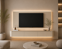 Meuble TV incurvé beige avec portes, style Japandi, unité TV LED, mobilier de salon très vendu, porte à motif 3D personnalisable