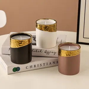 2023 New arrival Cylinder Ceramic Candle Jar Empty Home Decor vessel Gold Luxury with lids Decoration Matte Black White Holder