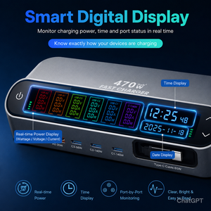 Adaptateur de <span class=keywords><strong>chargeur</strong></span> portable avec écran numérique, <span class=keywords><strong>2</strong></span> ports USB-A, 4 ports Type-C, station de charge rapide, <span class=keywords><strong>tablette</strong></span>, téléphone portable, <span class=keywords><strong>chargeur</strong></span> GAN 470W - Product Image 5