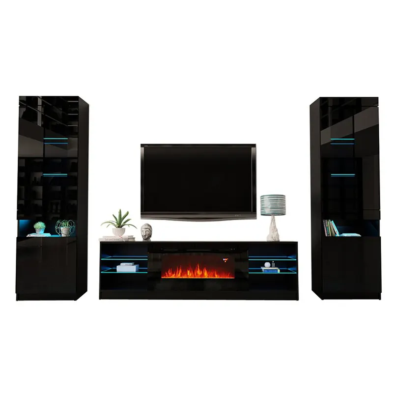 Muebles de pared modernos para sala de estar, luces Led, armario, Tv, soporte con chimenea