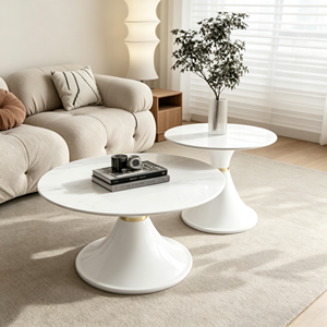 Ensemble de tables basses gigognes rondes modernes à base noire, plateau en marbre, style luxe léger, pour salon et hôtel - Product Image 3