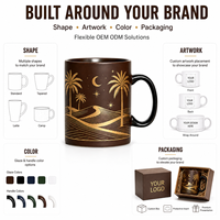 Tasse à café/thé en céramique marron foncé avec motif palmier tropical et feuille d'or – Cadeau d'entreprise, logo personnalisé, vaisselle haut de gamme en gros