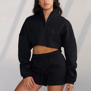 Conjunto Deportivo Informal Personalizado para Mujer, Sudadera Corta con Cremallera de Felpa Francesa de Algodón, 2 Piezas, Pantalones Cortos Deportivos y Sudadera con Capucha - Product Image 5